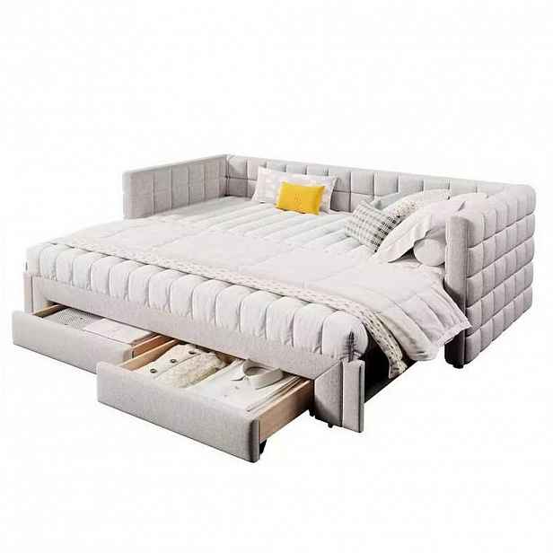 OKWISH DENNÍ postel 90/200 cm béžová z sametu a MDF s výsuvným lůžkem a dvěma zásuvkami