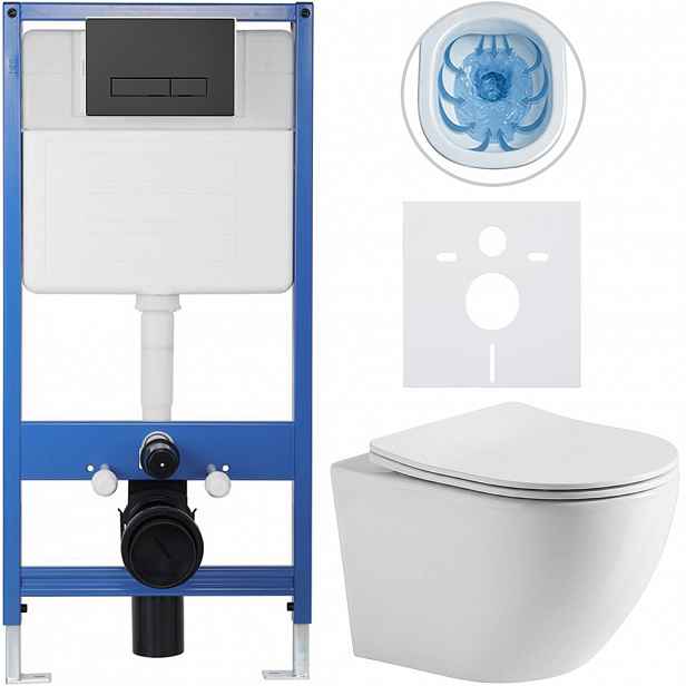 Kompletní WC set Profi/Cesso - bílá lesklá - WC tlačítko Slim/Černá matná - předstěnová instalace - 49x36 cm - 8050BD9