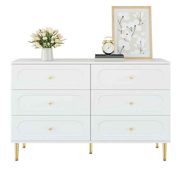 EVRYAE SIDEBOARD se 6 zásuvkami, oválným designem čel, kovovými úchytkami a kovovými nohami, MDF/PB, klasický úložný nábytek