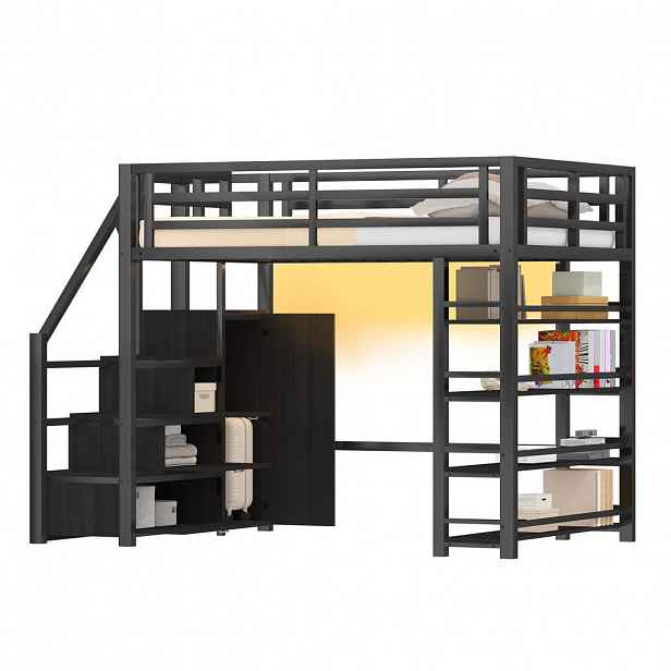 OKWISH PATROVÁ postel 140/200 cm černá z MDF a kovu s LED osvětlením, regálem, skříní a schody