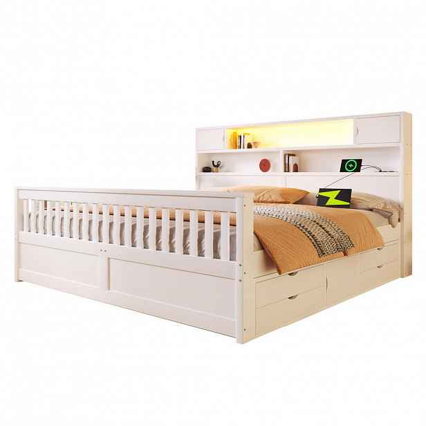 OKWISH POSTEL 180/200 cm bílá z MDF a překližky s LED čelem, policemi, USB a 4 zásuvkami