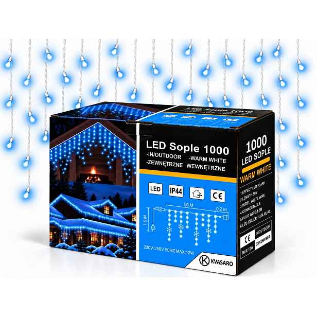 Rampouchy 1000 Led Záclona Venkovní Osvětlení IP44 Modrá Studený Blesk 50 M