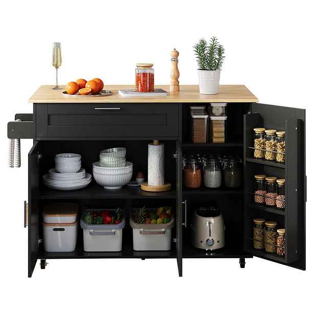 Modenvie KUCHYŇSKÝ ostrůvek z MDF, 132,5/44(70)/90 cm, černý v dekoru dubu, sklápěcí deska