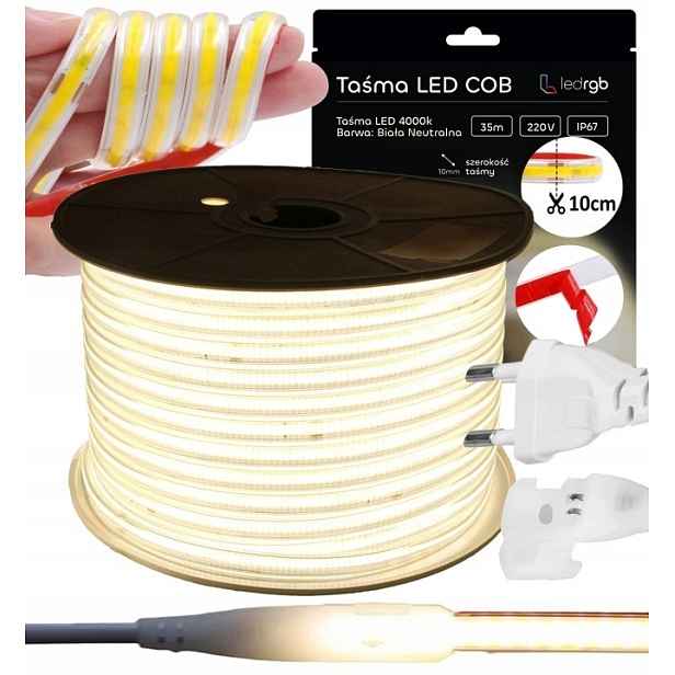Set Led Pásek Cob 35 m 230 V Bílý Neutrální 4000 K Řezaný Každých 10 CM IP67 Lepidlo