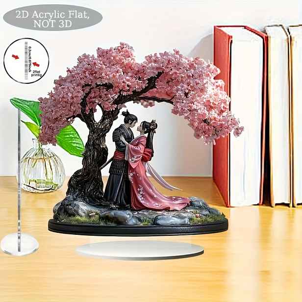 TEMU 2D Plochá, 2D Plochá Akrylová Japonská Bohémská Styl Gejša a Sakura Stolní Dekorace - 2D Plochá Soška, Tradiční Mužské a Ženské Postavy pod