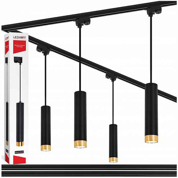 Kolejnicová lišta 2x 1 m 4x závěsná Led lampa Tuba GU10 Černá zlatá objímka