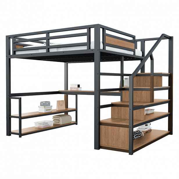 OKWISH VYSOKÁ postel 140/200 cm černá s úložnými schody a stolem z kovu a MDF