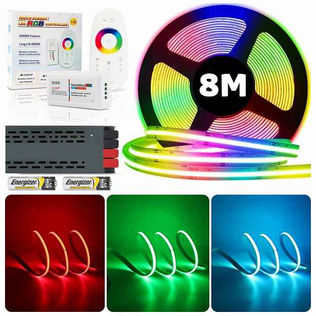 Set 8M Led pásek Cob Rgb 840 diod 15W 24V s dálkovým ovládáním a napájecím zdrojem