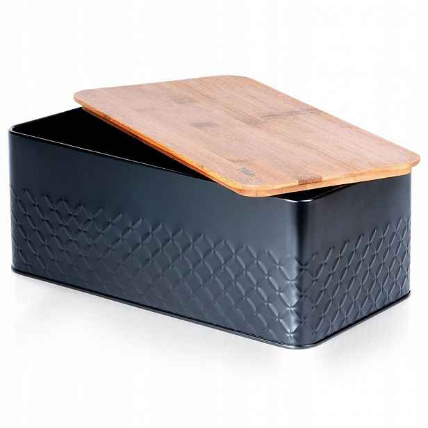Kovový chlebník s dřevěnou deskou, černý, 33,5 x 18,5 x 12,5 cm