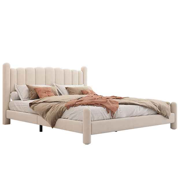 OKWISH ČALOUNĚNÁ postel 160/200 cm béžová ze sametu s vlnitým čelem a lamelovým roštem