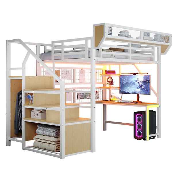 OKWISH PATROVÁ postel 140/200 cm bílá z kovu a MDF s psacím stolem
