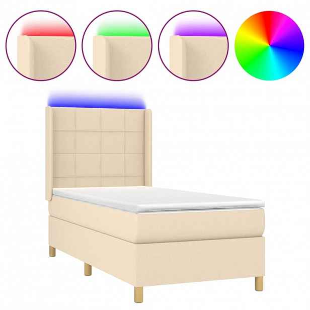 vidaXL Box spring postel s matrací a LED krémová 90x190 cm textil