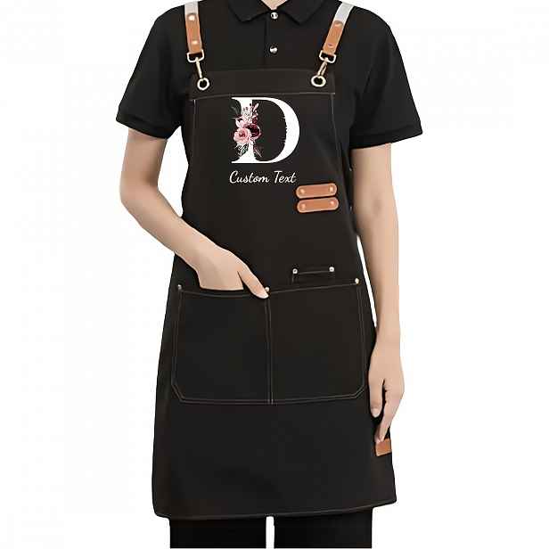 TEMU Personalizovaná unisex zástěra s možností vlastního jména textu, s designem iniciály a květinovými prvky. Jedinečný dárek vhodný pro číšníky,