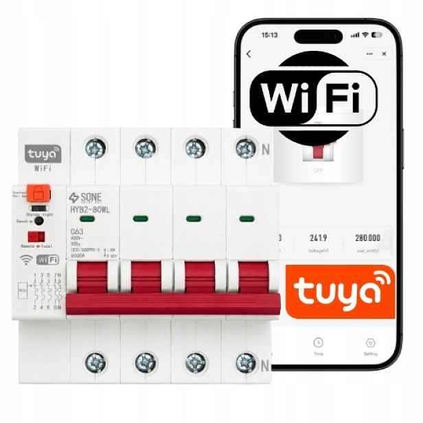 WiFi Tuya pojistka 63A 3P+N nadproudový vypínač C63 Din 400V smart