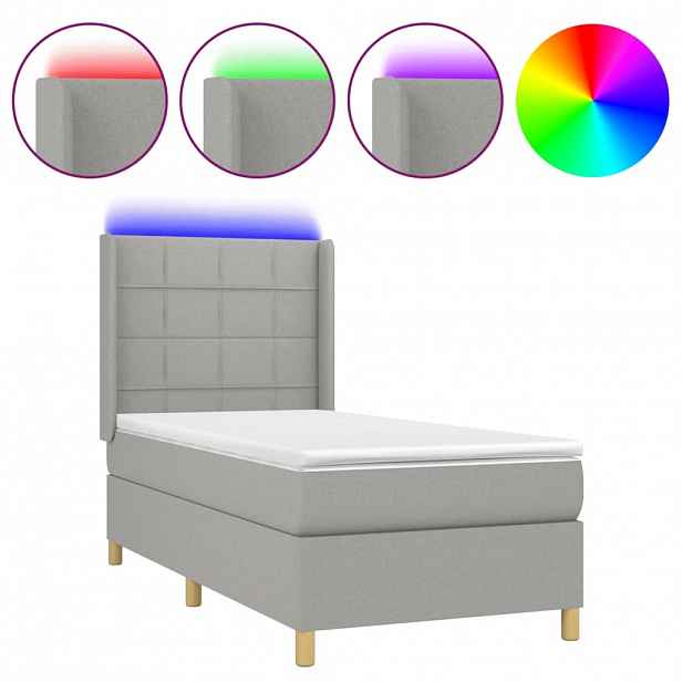 vidaXL Box spring postel s matrací a LED světle šedá 90x200 cm textil