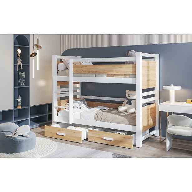 Dvoupatrová postel s úložným prostorem 80x200 UNA 1 - bílá / dub artisan, levé provedení