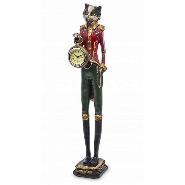 Figurka kočka kotě v botách, retro dekorace Pierrot s hodinkami, stylová
