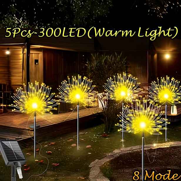 TEMU Balení 10 ks po 600 LED, Solární ohňostrojová světla, 5/1 balení - 300/60 LED korálků, Venkovní IP65 osvětlení na trávník, 8 světelných režimů,