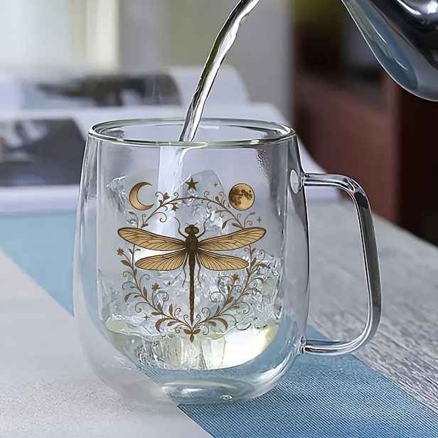 TEMU Dvojitě izolovaný skleněný hrnek na kávu s vintage potiskem vážky a květin - Elegantní termohrnek vhodný na kávu, čaj a horké nápoje - Skleněný