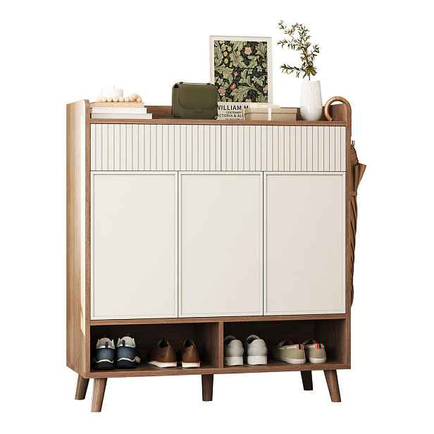 OKWISH BOTNÍK 90/35/100 cm bílá a přírodní z MDF a dřevotřísky se 3 dvířky a 2 zásuvkami