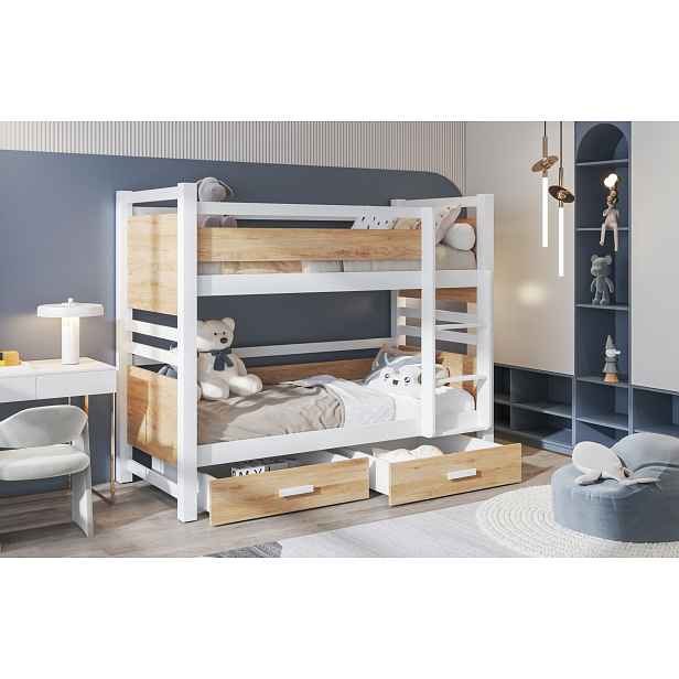 Dvoupatrová postel s úložným prostorem 90x190 UNA 1 - bílá / dub artisan, pravé provedení