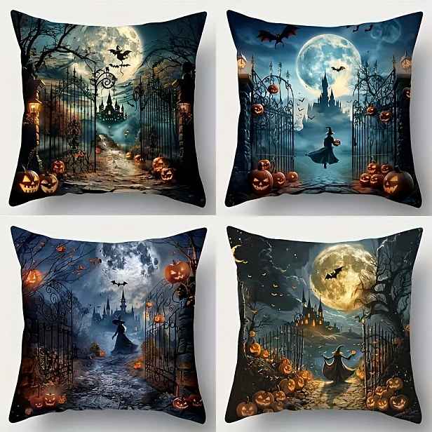 TEMU 4ks Sada Dekorativních Polštářových Povlaků na Halloween s Čarodějnice, Hradu a Dýně pro Pohovku a Ložnici - Měkký Polyester, Zipové Zapínání,