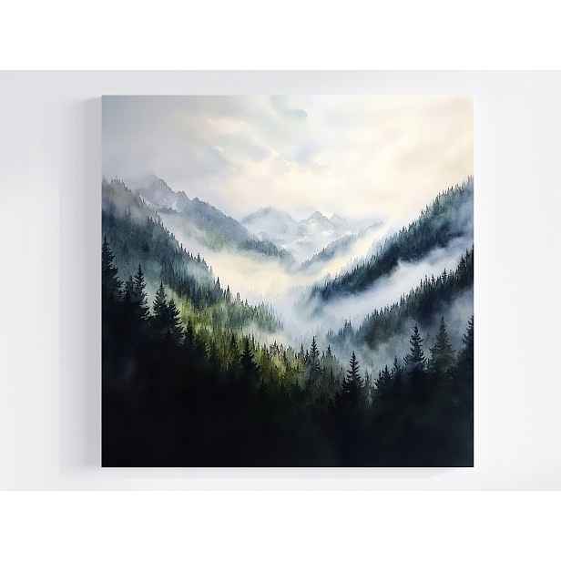 Obraz Na Plátně Canvas Krajina Akvarel Hory Vrcholky Les Stromy Mlha 50x50