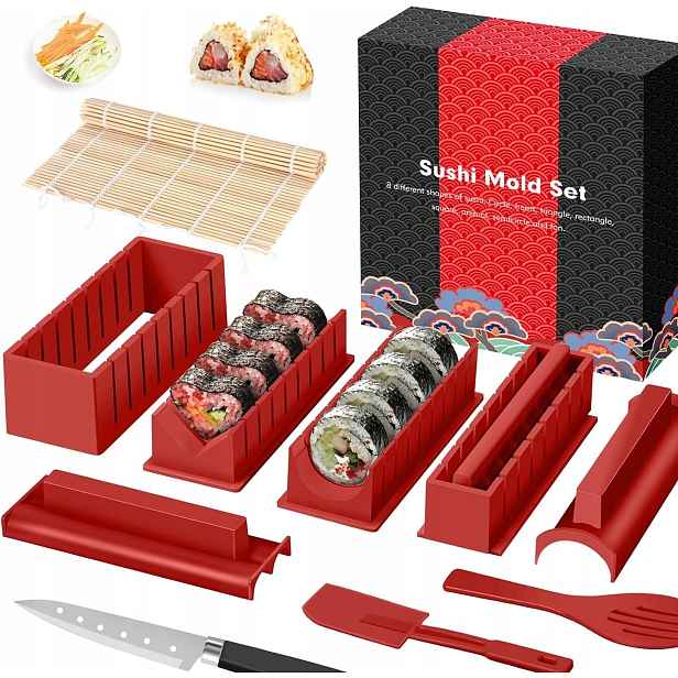 Sada Na Sushi 12 Dílků – Pro Začátečníky Formičky Podložka Nůž Červená
