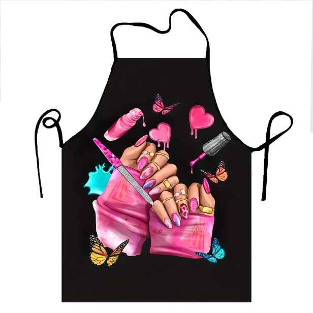 TEMU Unisex Růžová Zástěra na Nail Art - Stylová Polyesterová Kuchyňská & Pečící Zástěra s Živým Manikúrním Designem pro Kuchaře, Kuchařky a Makeup ,