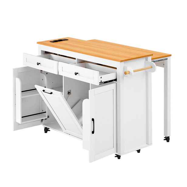 Redom KUCHYŇSKÝ ostrůvek 120/40-75/92 cm s výsuvnou pracovní deskou, nabíjecí stanicí a mobilním designem, Bílá