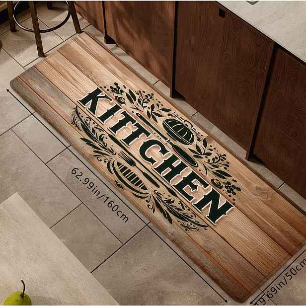 TEMU 1ks Vintage průmyslový styl kuchyňská podložka s texturou dřevěného prkna, potisk s nápisem "KITCHEN" a kuchyňským náčiním, protiskluzová savá