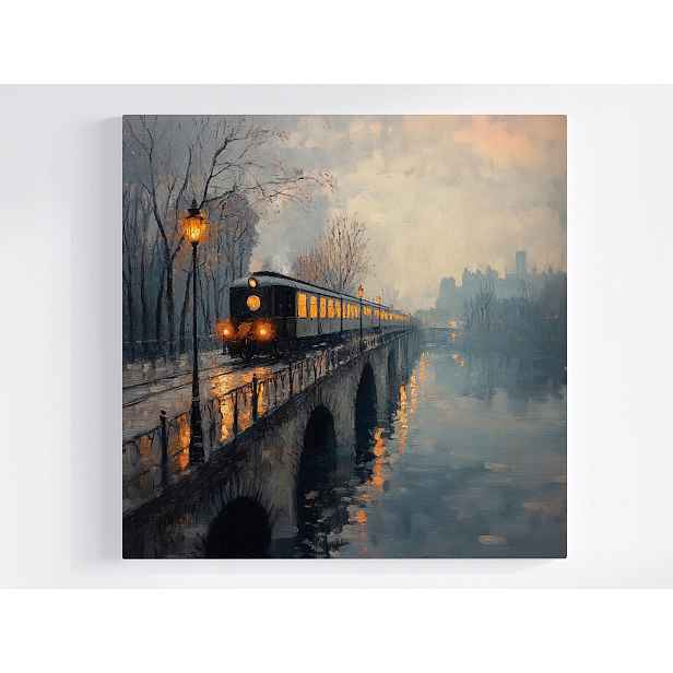 Obraz Na Plátně Canvas Město Most Řeka Železnice Vlak Déšť Mlha 50x50