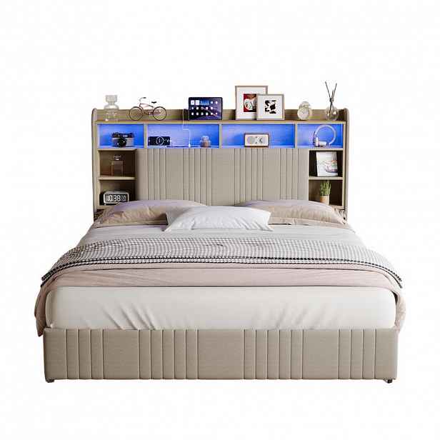 SHOPENTRA ČALOUNĚNÁ postel 160/200 cm béžová lněná s RGB LED USB 4 zásuvkami