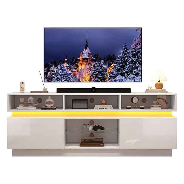 EVRYAE TV STOLEK TV skříňka s LED osvětlením, vysokolesklými čely a skleněnou policí do obývacího pokoje Bílá 160 x 35 x 60 cm