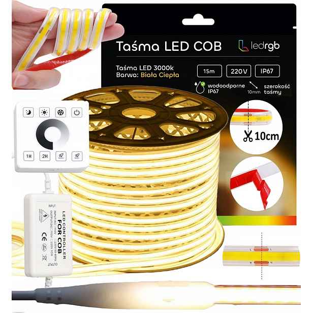 Set Led Pásek Cob 15 m 230 V Bílý Teplý 3000 10 CM Řezání Ovladač Dálkový Ovladač