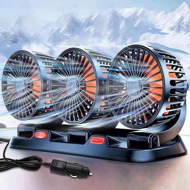 Ventilátor do auta 12V se třemi hlavami o 360 stupňů na zadní sedadlo