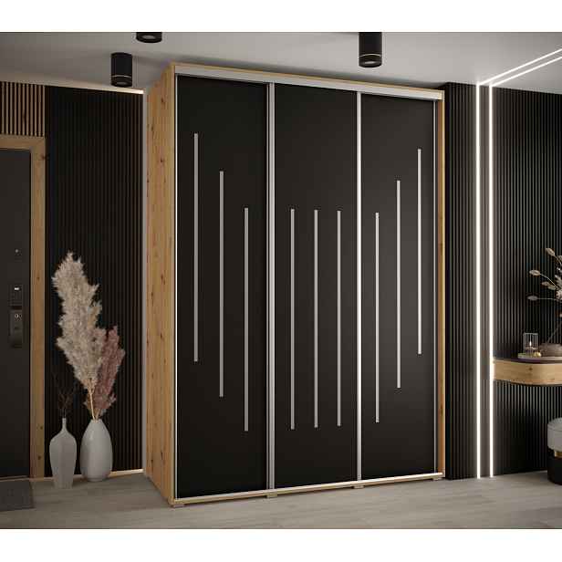 Šatní skříň YVONA 8 - 180/60 cm, dub artisan / černá / stříbrná