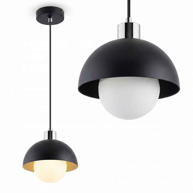 Černá závěsná lampa s bílým skleněným stínidlem a černou polokoulí, 20 cm dekorativní