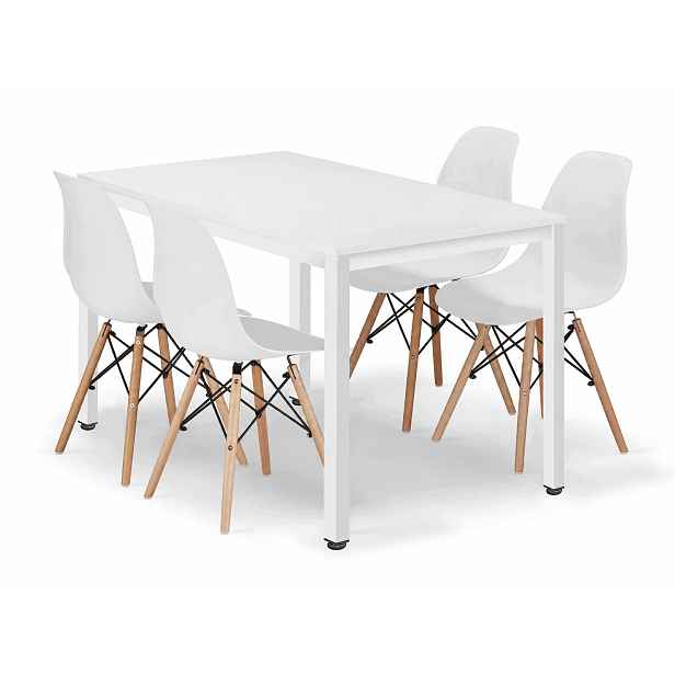 Jídelní set stůl 120x60 cm v loftovém stylu, bílý 4 skandinávské židle, bílé