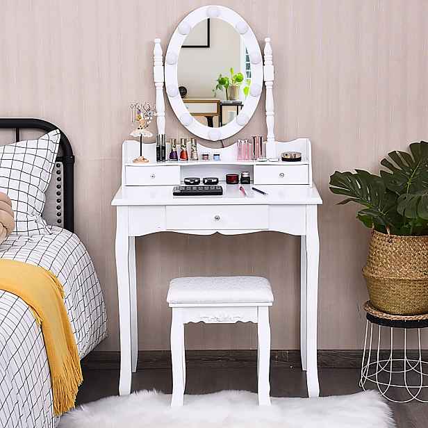 Toaletní Stolek s 11 Led žárovkami, stolička, zrcadlo 360°, 3 zásuvky, bílá barva