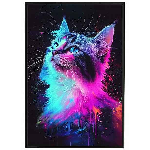 Plakát Rámeček Hliníkový Portrét Zvíře Kočka Neon Světlo Modern Art 40x60