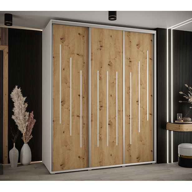 Šatní skříň YVONA 8 - 190/60 cm, bílá / dub artisan / stříbrná