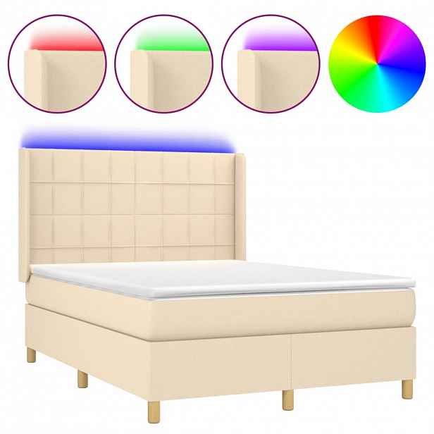 vidaXL Box spring postel s matrací a LED krémová 140x190 cm textil
