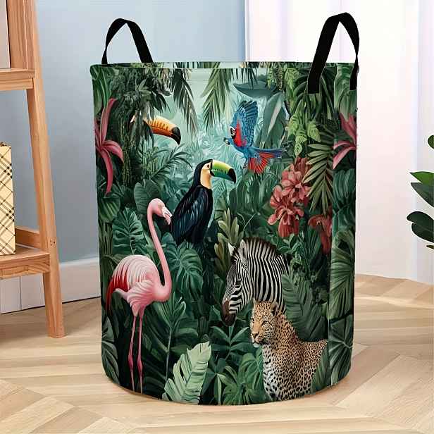 TEMU 1 ks Prací koš Jungle Carnival - Pevné ucho, Prostorově úsporný kulatý design, Živý tropických zvířat a zelených listů, Odolná polyesterová
