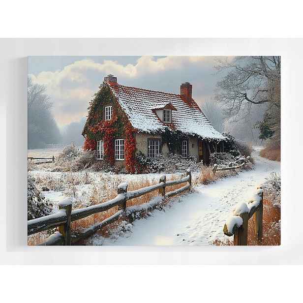 Plakát Zimní Krajina Dům Chatka Vesnice Sníh Zima 100x75