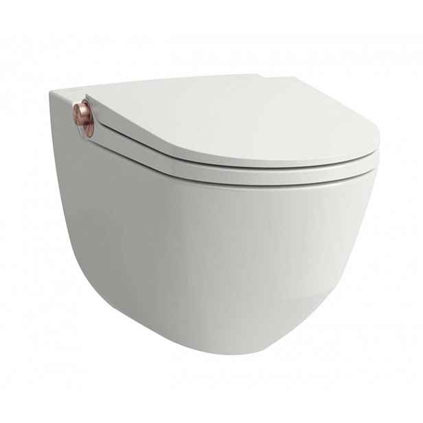 Laufen Cleanet Riva - Elektronický bidet s keramikou, závěsný, Rimless, SoftClose, matná bílá/leštěné růžové zlato H8206917640001