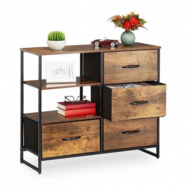 Relaxdays KOMODA tmavě hnědá černá 4 zásuvky industriální 84 cm