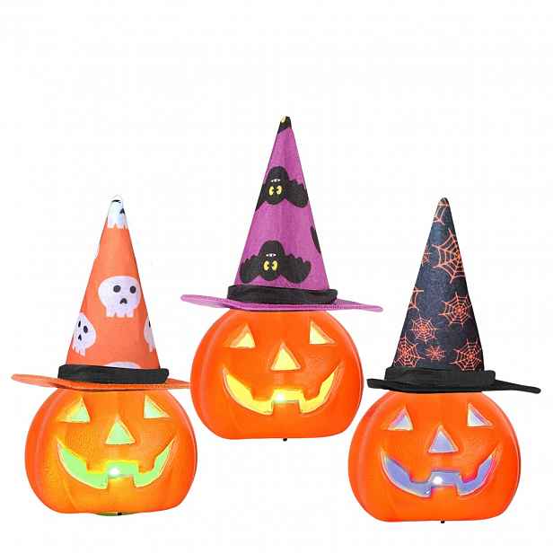 Led Halloweenské Lampiony 3 Ks Dýně Čarodějnické Klobouky Barevné