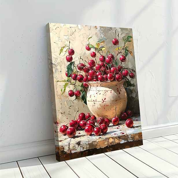 TEMU 1 ks Velká Rustikální Olejomalba Třešní v Rámu - 11,75x15,7 palců (29,97x39,88 cm), s Vintage Vázou, Dekorace do Venkovské Kuchyně, Realistické