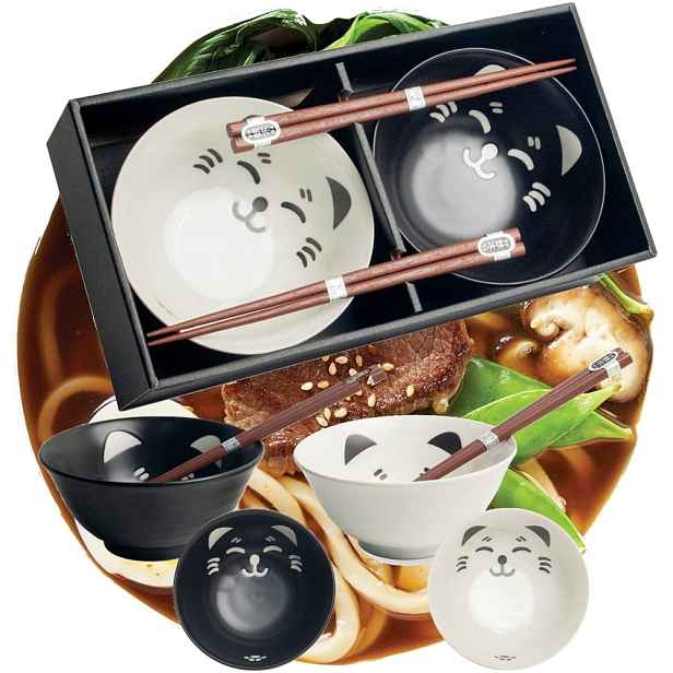 Sada Bílo-černých orientálních misek 15 cm s paličkami Kočičky Edo Japan
